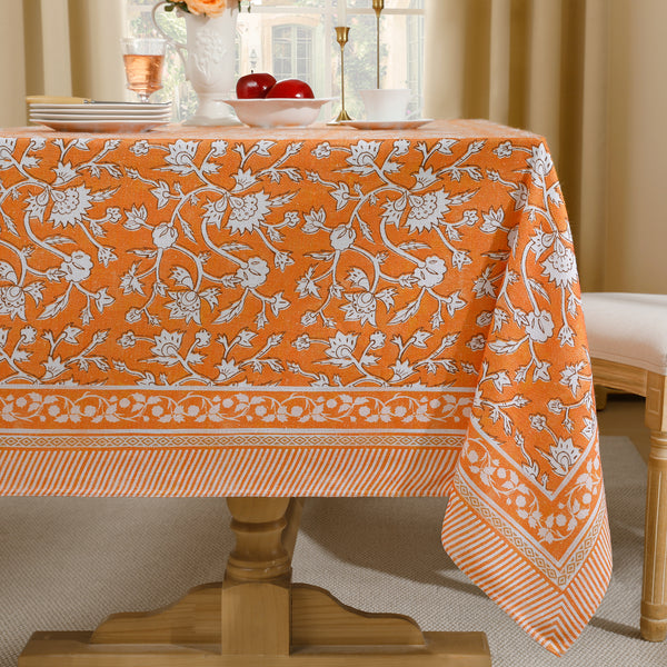 Orange Hand-Drawn Minimalist Floral Linen Tablecloth